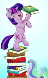 Size: 620x1000 | Tagged: safe, artist:firimil, princess celestia, twilight sparkle, alicorn, pony, unicorn, g4, balancing, bipedal, book, bookstack, celestia's mane, chest fluff, cute, ear fluff, eyes closed, female, filly, filly twilight sparkle, fluffy, gradient background, happy, hoof hold, leg fluff, mare, open mouth, pile of books, raised leg, simple background, smiling, solo focus, that pony sure does love books, tower of books, twiabetes, younger