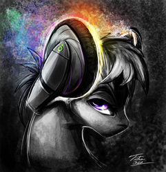 Size: 540x560 | Tagged: safe, artist:tsitra360, oc, oc only, pony, headphones, monochrome, my little art challenge, neo noir, partial color, solo
