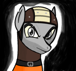 Size: 658x618 | Tagged: safe, artist:legionhooves, oc, oc only, oc:legion hooves, pony, angry, brotherhood of steel, dark grey eyes, fallout 4, gray coat, grey hair, looking at you, solo, uniform and hood