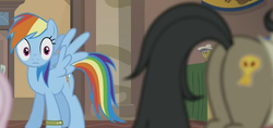 Size: 793x375 | Tagged: safe, screencap, rainbow dash, pegasus, pony, g4, stranger than fan fiction, background pony, butt, eyes on the prize, fake cutie mark, female, looking at butt, mare, out of context, plot, spread wings, wingboner