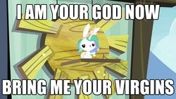 Size: 1120x630 | Tagged: safe, edit, edited screencap, screencap, angel bunny, g4, testing testing 1-2-3, angelestia, bring me your virgins, i am your god now bring me your virgins, male, solo