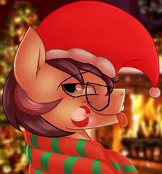 Size: 1024x1101 | Tagged: safe, artist:artsyambi, oc, oc only, oc:ambiguity, earth pony, pony, candy, candy cane, clothes, food, glasses, hat, male, santa hat, scarf, solo, stallion, tongue out