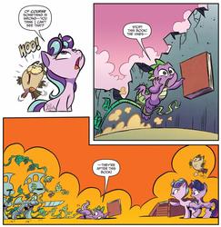 Size: 994x1022 | Tagged: safe, artist:jay fosgitt, idw, official comic, owlowiscious, spike, starlight glimmer, twilight sparkle, alicorn, dragon, owl, pony, unicorn, friends forever #35, g4, my little pony: friends forever, spoiler:comic, armor, book, comic, female, flying, frown, hoof hold, hoot, looking up, male, mare, open mouth, pointing, raised hoof, sitting, spear, squirm-spore, twilight sparkle (alicorn), vine, weapon, wide eyes, wrong cutie mark