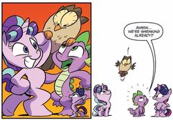 Size: 1062x738 | Tagged: safe, artist:jay fosgitt, idw, official comic, owlowiscious, spike, starlight glimmer, twilight sparkle, alicorn, dragon, owl, pony, unicorn, friends forever #35, g4, my little pony: friends forever, spoiler:comic, comic, female, giant pony, growth spell, macro, male, mare, orange background, simple background, twilight sparkle (alicorn), white background