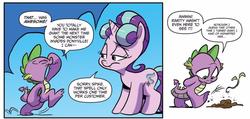 Size: 1478x705 | Tagged: safe, artist:jay fosgitt, idw, official comic, spike, starlight glimmer, dragon, pony, unicorn, g4, spoiler:comic, spoiler:comicff35, blue background, comic, female, male, mare, simple background, white background