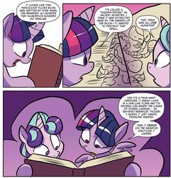 Size: 992x1029 | Tagged: safe, artist:jay fosgitt, idw, official comic, starlight glimmer, twilight sparkle, alicorn, pony, unicorn, friends forever #35, g4, my little pony: friends forever, spoiler:comic, comic, female, mare, purple background, simple background, squirm-spore, twilight sparkle (alicorn)