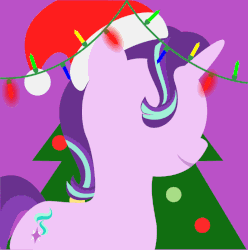 Size: 795x800 | Tagged: safe, artist:arifproject, edit, part of a set, starlight glimmer, alicorn, pony, unicorn, g4, animated, arif's christmas pones, beautiful, christmas, christmas lights, christmas tree, cute, derpibooru background pony icon, female, garland, gif, happy, hat, holiday, horn, lights, lineless, mare, minimalist, purple background, santa hat, simple background, smiling, solo, tree