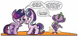 Size: 1476x693 | Tagged: safe, artist:jay fosgitt, idw, official comic, spike, starlight glimmer, twilight sparkle, alicorn, dragon, pony, unicorn, friends forever #35, g4, my little pony: friends forever, spoiler:comic, comic, female, male, mare, simple background, twilight sparkle (alicorn), white background