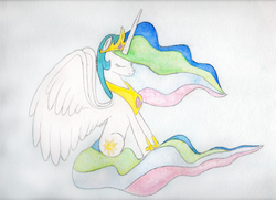 Size: 4673x3380 | Tagged: safe, artist:marinesparkle, princess celestia, g4, female, high res, sitting, solo, spread wings, traditional art