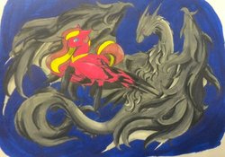 Size: 1024x718 | Tagged: safe, artist:oneiria-fylakas, oc, oc only, alicorn, dragon, pony, traditional art