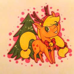 Size: 1024x1018 | Tagged: safe, artist:oneiria-fylakas, applejack, g4, animal costume, antlers, bow, chibi, clothes, costume, female, pine tree, reindeer costume, solo, traditional art, tree