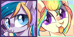 Size: 1000x500 | Tagged: safe, artist:peachesandcreamated, oc, oc only, oc:moonlight waves, oc:shimmering skies, bat pony, pony, animated, blinking, female, gif, mare, multicolored hair, rainbow hair, silly, silly pony, tongue out