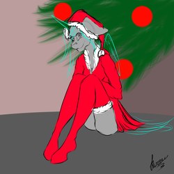 Size: 2000x2000 | Tagged: safe, artist:stirren, anthro, unguligrade anthro, christmas, clothes, commission, costume, cute, high res, looking at you, pine tree, sitting, solo, tree, your character here