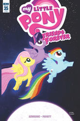 Size: 988x1500 | Tagged: artist needed, safe, idw, official comic, fluttershy, rainbow dash, twilight sparkle, alicorn, pegasus, pony, equestria daily, friends forever #35, g4, my little pony: friends forever, spoiler:comic, comic cover, cover, cover art, female, flying, mare, moon, my little pony logo, signature, space, spread wings, trio, twilight sparkle (alicorn)