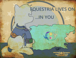 Size: 2600x2000 | Tagged: safe, artist:starrypallet, oc, oc only, oc:littlepip, pony, unicorn, fallout equestria, clothes, fallout 4, fanfic, fanfic art, female, high res, hooves, horn, jumpsuit, map, mare, pipbuck, poster, solo, vault suit