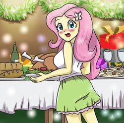 Size: 3507x3472 | Tagged: safe, artist:sumin6301, fluttershy, equestria girls, g4, blushing, breasts, busty fluttershy, christmas, clothes, cute, female, food, high res, looking back, party, rear view, shyabetes, skirt, solo, surprised, tank top