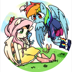 Size: 532x530 | Tagged: safe, artist:yukandasama, fluttershy, rainbow dash, butterfly, pegasus, anthro, plantigrade anthro, g4, boots, clothes, dress, duo, female, hoodie, looking at something, mare, skirt
