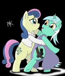 Size: 2023x2354 | Tagged: safe, artist:pony4koma, bon bon, lyra heartstrings, sweetie drops, earth pony, pony, g4, bipedal, black background, blushing, bon bond, clothes, dancing, dress, female, gun, high res, james bond, kissy face, lesbian, lidded eyes, looking at each other, open mouth, ship:lyrabon, shipping, simple background, smiling, underhoof, weapon