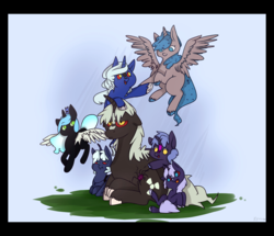Size: 5000x4300 | Tagged: safe, artist:kyuuno-chan, oc, oc:kiyari, kaiju pony, pony, unicorn, fanfic:the bridge, absurd resolution, children, cloven hooves, colored hooves, colored sclera, crooked horn, crossover, father and child, godzilla, godzilla (series), godzilla junior, horn, lunazilla, male, offspring, parent:godzilla junior, parent:princess luna, parents:lunazilla, ponified, red sclera, stallion