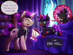 Size: 2000x1500 | Tagged: safe, artist:vavacung, oc, oc only, oc:darkaito, oc:midnight moon, alicorn, bat pony, bat pony alicorn, pony, vampony, ><, bouquet, cute, eyes closed, flower, male, midnaito, red and black oc, shipping, stallion, tsundere, vavacung is trying to murder us