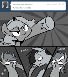 Size: 666x761 | Tagged: safe, artist:egophiliac, lyra heartstrings, princess luna, oc, oc:honeybun, oc:sparkleheart, bat pony, pony, moonstuck, g4, ask, boop, comic, female, filly, grayscale, monochrome, race swap, tumblr, woona, woonoggles, younger