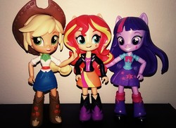 Size: 1280x932 | Tagged: safe, applejack, sunset shimmer, twilight sparkle, equestria girls, g4, clothes, doll, equestria girls minis, irl, photo, skirt, toy