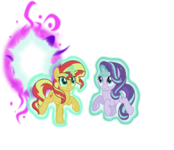 Size: 5127x4437 | Tagged: safe, artist:osipush, starlight glimmer, sunset shimmer, pony, unicorn, g4, absurd resolution, counterparts, duo, duo female, female, floating, glowing horn, horn, levitation, looking up, magic, portal, self-levitation, simple background, smiling, telekinesis, transparent background, twilight's counterparts