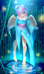 Size: 1200x2000 | Tagged: safe, artist:x-piiu, fluttershy, koi, satyr, anthro, unguligrade anthro, g4, bamboo, breasts, busty fluttershy, clothes, eyeshadow, female, kimono (clothing), lidded eyes, makeup, night, pond, satyrized, smiling, solo