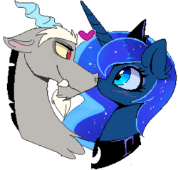Size: 279x267 | Tagged: safe, artist:elementalokami, discord, princess luna, g4, bust, cute, discute, heart, looking at each other, male, pixel art, ship:lunacord, shipping, simple background, smiling, straight, transparent background