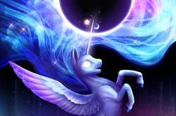 Size: 2000x1327 | Tagged: safe, artist:nekiw, princess celestia, princess luna, alicorn, pony, g4, color porn, female, fusion, glowing eyes, open mouth, rearing, solo, spread wings, stars, surreal