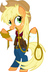 Size: 4717x7377 | Tagged: safe, artist:livehotsun, applejack, earth pony, pony, g4, absurd resolution, bipedal, clothes, cowboy hat, cowgirl, cowgirl outfit, female, freckles, grin, hat, knife, lasso, loose hair, rope, sheriff, sheriff's badge, sheriffjack, simple background, smiling, solo, transparent background