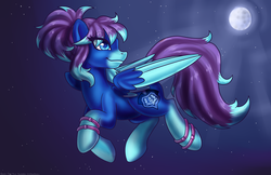 Size: 1275x825 | Tagged: safe, artist:bumblebun, oc, oc only, oc:runic shield, pegasus, pony, commission, female, flying, mare, moon, night, solo, spread wings, stars, wings