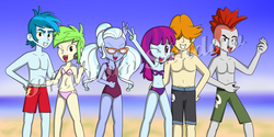Size: 1600x800 | Tagged: safe, artist:phantomshadow051, cherry crash, crimson napalm, mystery mint, sugarcoat, thunderbass, valhallen, equestria girls, g4, armpits, background human, belly button, bikini, clothes, midriff, partial nudity, swimsuit, thunderstruck (band), topless, watermark