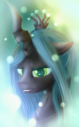 Size: 2500x4000 | Tagged: dead source, safe, artist:quefortia, queen chrysalis, changeling, changeling queen, g4, crown, fangs, female, green eyes, horn, jewelry, regalia, solo