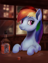 Size: 1144x1481 | Tagged: safe, artist:cattle32, rainbow dash, g4, alcohol, bar, bottle, female, signature, solo, whiskey, window