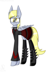 Size: 755x1057 | Tagged: safe, artist:natikop, derpy hooves, pegasus, pony, g4, belt, boots, choker, clothes, demonia swing 815, dress, female, goth, gothic, looking at you, mare, solo, spiked choker