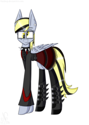 Size: 2500x3500 | Tagged: safe, artist:natikop, derpy hooves, pegasus, pony, g4, alternate hairstyle, belt, boots, choker, clothes, dress, dyed mane, ear piercing, earring, eyeshadow, female, goth, gothic, hair dye, high res, jewelry, looking at you, makeup, mane dye, mare, nose piercing, nose ring, piercing, solo, spiked choker