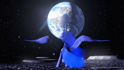 Size: 2560x1440 | Tagged: safe, artist:thelunagames, princess luna, g4, 3d, butt, cinema 4d, earth, female, moon, planet, plot, sai, solo, spread wings, stars