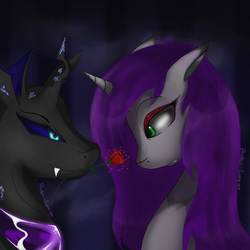 Size: 1000x1000 | Tagged: safe, artist:phobos-ilungian, oc, oc only, oc:phobos, oc:violet, alicorn, changeling, pony, vampire, changeling oc, couple, crystal, duo, fangs, female, flower, gesture, grin, makeup, male, purple, purple changeling, roleplay illustration, rose, sad, smiling