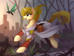 Size: 1100x830 | Tagged: safe, artist:yakovlev-vad, oc, oc only, insect, pony, unicorn, clothes, female, mare, saddle bag, solo, trotting