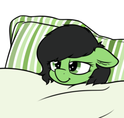 Size: 1684x1605 | Tagged: safe, artist:smoldix, oc, oc only, oc:filly anon, earth pony, pony, :t, adoranon, bed, comfy, cute, female, filly, floppy ears, lidded eyes, pillow, simple background, smiling, solo, transparent background