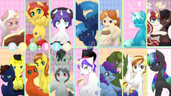 Size: 1920x1080 | Tagged: safe, artist:e-pon, derpibooru exclusive, oc, oc only, oc:archi documentum, oc:cold snap, oc:electron, oc:heart stoker, oc:lightning flash, oc:midnight, oc:prismatic flux, oc:royal mail, oc:rumulus, oc:shamble, oc:shocklight, oc:short cut, oc:sky light, oc:soul strings, oc:terracotta, earth pony, pegasus, pony, unicorn, book, colored wings, comic, food, group, hat, headphones, letter, monocle, multicolored wings, pot, rainbow wings, sleeping, tea, top hat