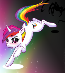 Size: 772x868 | Tagged: safe, artist:rukifox, oc, oc only, oc:digipen, pony, unicorn, blushing, explicit source, eyelashes, looking at you, open mouth, rainbow hair, running away, scared, solo