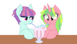 Size: 1024x590 | Tagged: safe, artist:huskyrbtorchick, artist:joey darkmeat, artist:snowflakewonder, lemon zest, sunny flare, earth pony, pony, unicorn, equestria girls, g4, base used, equestria girls ponified, female, lesbian, ponified, sharing a drink, ship:lemonflare, shipping, simple background, straw, table, white background