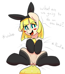 Size: 1615x1845 | Tagged: safe, artist:rileyisherehide, oc, oc only, oc:unlucky usagi, pony, anime eyes, bed, blush sticker, blushing, bunny ears, clothes, dialogue, dock, featureless crotch, female, locket, looking at you, mare, on back, on bed, open mouth, pomf, simple background, smiling, socks, solo, spread legs, spreading, stockings, thigh highs, wah, what are we gonna do on the bed?, white background, young