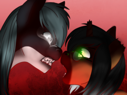 Size: 1024x770 | Tagged: safe, artist:blackblood-queen, oc, oc only, oc:lady lovegreen, oc:mako, dracony, hybrid, orca pony, original species, anthro, angry, anthro oc, broken horn, brother and sister, fangs, glasses, glowing eyes, horn, intimidating, looking at each other, snarling, yelling