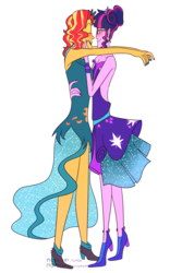 Size: 1280x1916 | Tagged: safe, artist:mokychan, sci-twi, sunset shimmer, twilight sparkle, equestria girls, g4, my little pony equestria girls: legend of everfree, alternate clothes, alternate style, blushing, clothes, crystal gala, dancing, dress, eyes closed, female, imminent kissing, lesbian, nail polish, ship:sci-twishimmer, ship:sunsetsparkle, shipping, simple background
