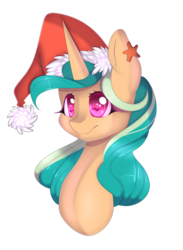 Size: 969x1323 | Tagged: safe, artist:clefficia, oc, oc only, oc:ocress conchiglia, pony, unicorn, bust, female, hat, mare, portrait, santa hat, solo