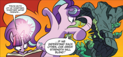 Size: 1227x567 | Tagged: safe, artist:jay fosgitt, idw, official comic, starlight glimmer, twilight sparkle, alicorn, pony, unicorn, semi-anthro, g4, spoiler:comic, spoiler:comicff35, bipedal, book, comic, female, frown, glare, glowing horn, horn, magic, mare, open mouth, orange background, punch, reading, simple background, squirm-spore, twilight sparkle (alicorn)