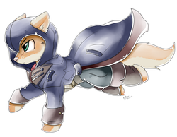 Size: 2614x2030 | Tagged: safe, artist:pridark, oc, oc only, oc:foxtor volpes, earth pony, fox, fox pony, hybrid, original species, pony, assassin's creed, clothes, coat, commission, crossover, high res, male, multicolored tail, pants, running, solo, stallion, trotting, ubisoft